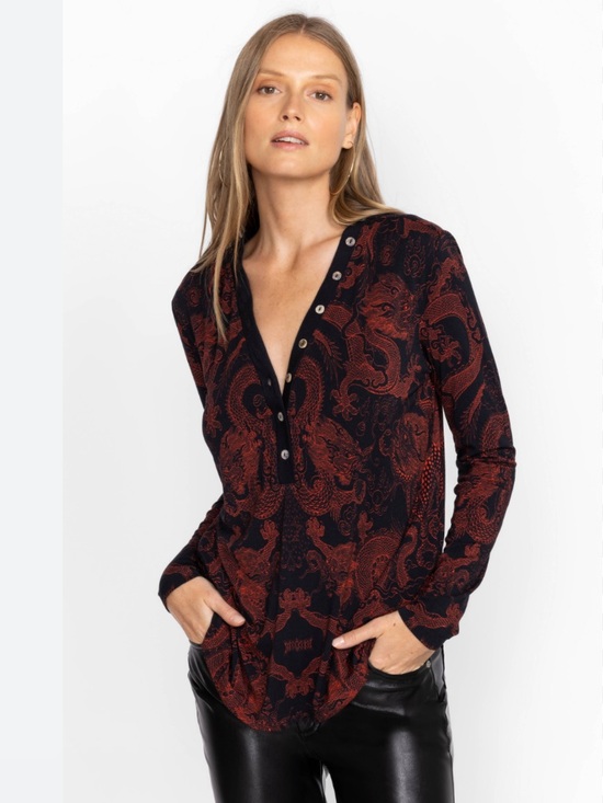 Johnny Was Tops - Johnny Was MAYLA BUTTON NECK L/S TEE Dragon Print Long-Sleeve V-Neck Top